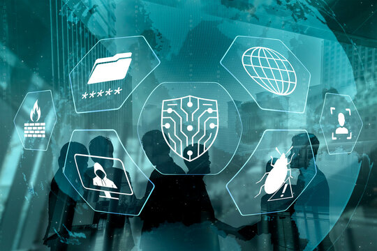 Visual representation of digital security concepts with icons showcasing data protection, cyber threats, and effective communication within a modern business environment. Nascent