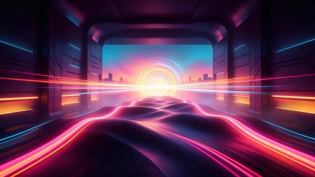 Futuristic synthwave landscape with neon light trails, retro 80s cyberpunk sunset in digital tunnel, glowing pink and orange vaporwave background
