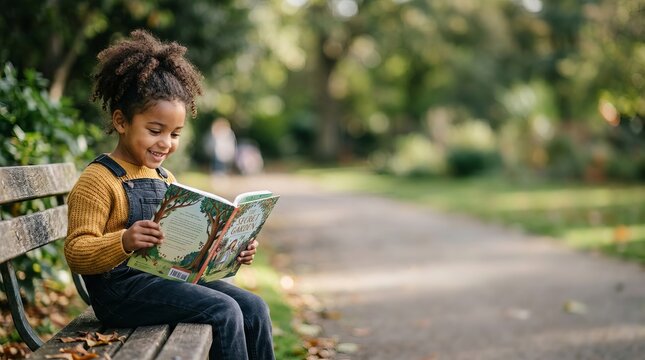 
A child sitting on an outdoor park bench, reading a picture book.