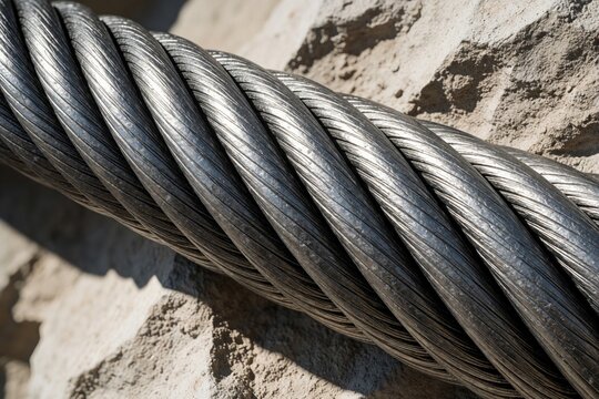 Thick steel cable coil rests on rough stone texture. Heavy duty rope, industrial material, strong metal wire close up outdoor daylight. Macro shot of twisted strands.