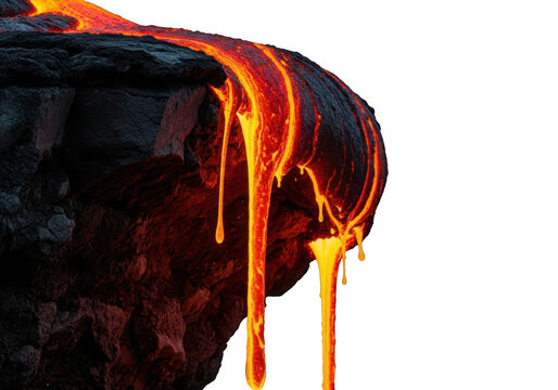 Molten lava flowing over a dark volcanic rock cliff isolated on transparent background