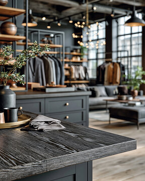 Nowoczesny butik odzieżowy z ciemną ladą na pierwszym planie, dekoracyjnym wazonem i kubkiem. W tle widoczne regały z ubraniami, duże okna oraz elegancka strefa wypoczynkowa.