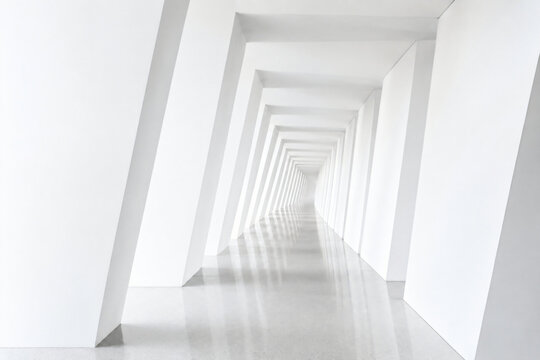 Futuristic corridor with white walls and geometric design elements