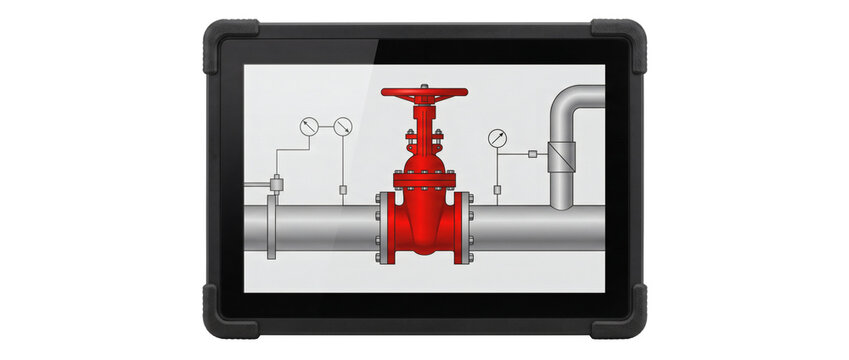 Industrial pipeline valve control schematic with red handwheel valve housed inside metal frame. Fluid flow plumbing pipe monitoring system isolated on transparent white background setting.