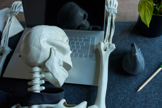 Skeleton collapsed at laptop with head near keyboard and arms on desk