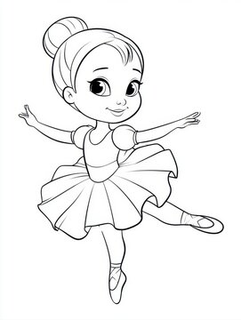 cute little ballerina girl dancing line art coloring page black and white outlines sweet toddler dancer cartoon character tutu dress ballet pointe shoes kids coloring book illustration design