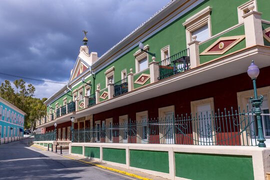 Colourful historic buildings in the spa town of Fortuna, Los Ba&ntilde;os de Fortuna, Region of Murcia (Spain)