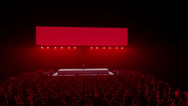 Zooming Toward a Vivid Red Banner Suspended Over the Audience