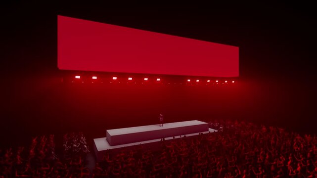 Cinematic Orbit Around a Red Illuminated Banner at a Packed Concert Venue