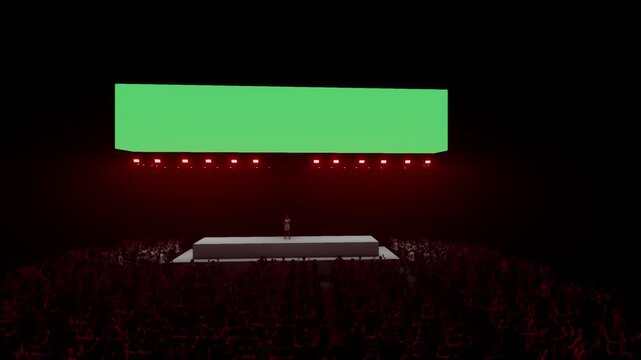Slow Zoom-In Toward a Blank Green Screen Banner Above a Concert Stage