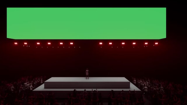 Camera Pulls Back From the Performer to Reveal a Green Banner and Full Crowd