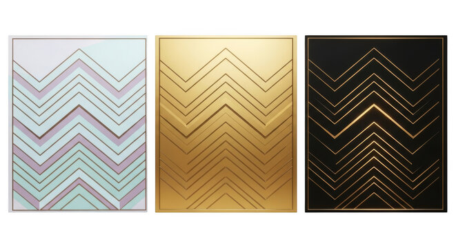 Three rectangular panels with geometric chevron patterns in different color schemes isolated on transparent background