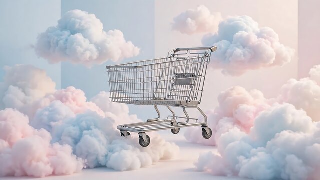 Empty metal shopping cart floating amidst soft pastel clouds in a dreamy surreal environment