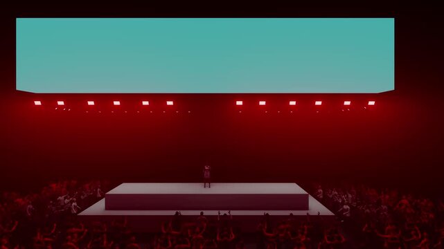 Camera Retreats to Reveal a Cyan Banner Glowing Above the Stage
