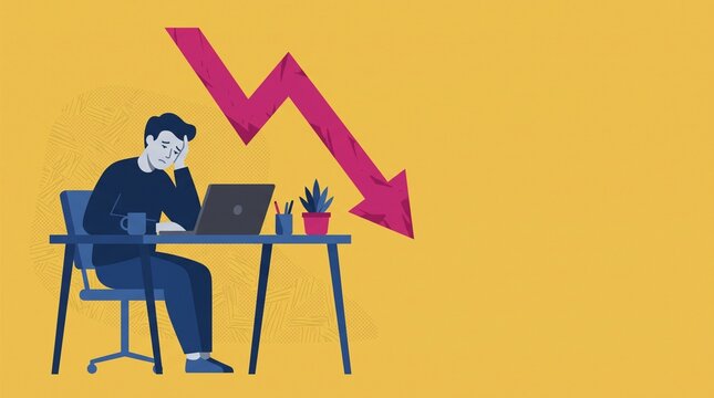 Stressed businessman working on laptop during economic market decline