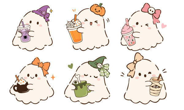 Cute Halloween ghost collection featuring six adorable white sheet ghosts wearing witch hats, bows and pumpkin accessories while holding spooky drinks and sweet treats in hand drawn flat vector style.