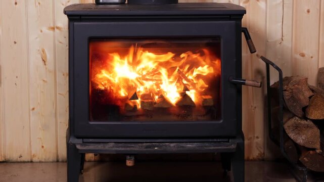 Head-on view of rustic wood stove burning bright in warm cabin interior with glowing embers, flickering flames, and inviting cozy atmosphere around stacked logs and wooden walls
