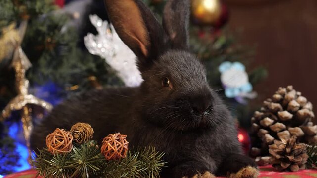 Black rabbit amid festive Christmas decor with pinecones greenery ornaments in warm cozy lighting, closeup scene conveys holiday charm and gentle whimsy for family portrait or product promo