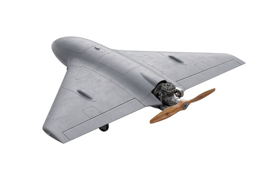 Delta wing autonomous unmanned aerial drone aircraft model with nose wooden tractor propeller. Remote reconnaissance aircraft surveillance plane isolated on white background template setting.