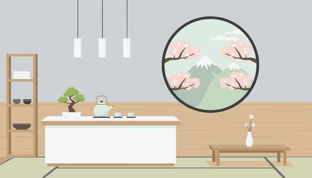Zen inspired minimalist room features a traditional tea set on a low table beside a bonsai plant and a round window with mountain view.