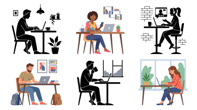 Professional vector collection featuring different styles of people working on laptops in cafes, including men and women typing, browsing, attending online meetings, drinking coffee, writing notes
