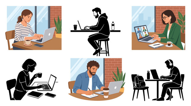 Set of vector collection featuring different styles of people working on laptops in cafes, including men and women typing, browsing, attending online meetings, drinking coffee, writing notes