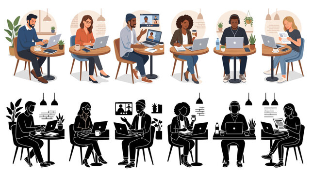 Professional vector collection featuring different styles of people working on laptops in cafes, including men and women typing, browsing, attending online meetings, drinking coffee, writing notes
