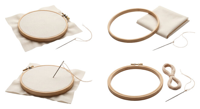 Embroidery hoops and hand sewing supplies on transparent background