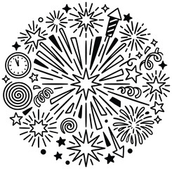 Obraz premium New years eve celebration outline elements in circular design arrangement.