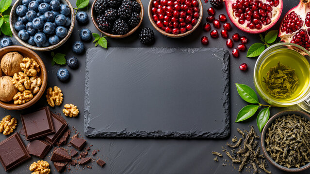 Healthy Antioxidant Superfoods Flat Lay with Blueberries, Pomegranate, Green Tea, Dark Chocolate, and Walnuts Surrounding Empty Slate Board for Copy Space