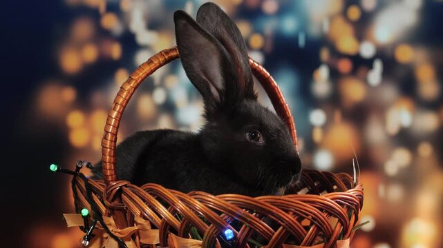 Close view of black rabbit settled in woven wicker basket, surrounded by colorful festive string lights and warm city bokeh, creating cozy holiday glow and soft atmosphere