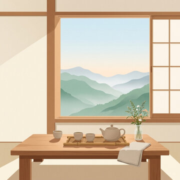 Ceramic teapot on a wooden table with a scenic mountain landscape background