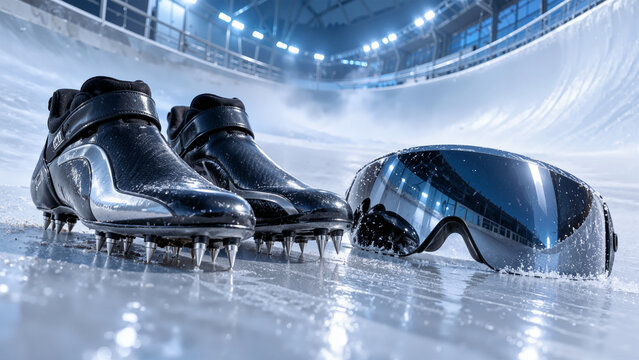 Professional Bobsleigh Spikes and High-Tech Tinted Visor Goggles on an Indoor Ice Track