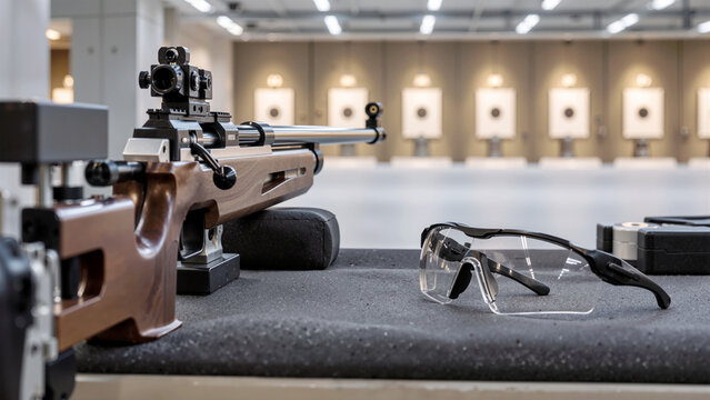 Precision Competition Air Rifle with Diopter Sight and Safety Glasses at an Indoor Target Shooting Range