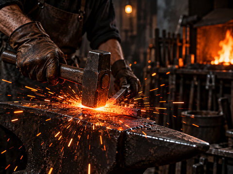 Blacksmith forging metal with hammer and anvil sparks flying in a workshop setting