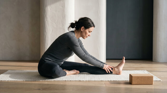 Seated hamstring stretch in a winter morning studio