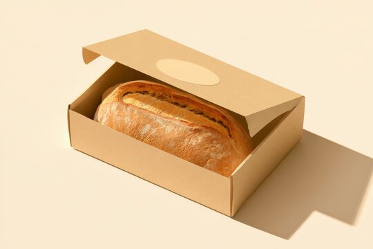 Freshly baked bread in a brown paper box on a light background