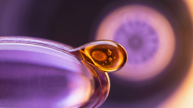 Amber astaxanthin drop sliding into a violet softgel