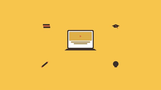 Flat design illustration of a laptop with a play button on screen, surrounded by educational and communication icons on a yellow background.