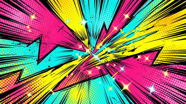 Comic book background with colorful zigzag flashes and speed lines