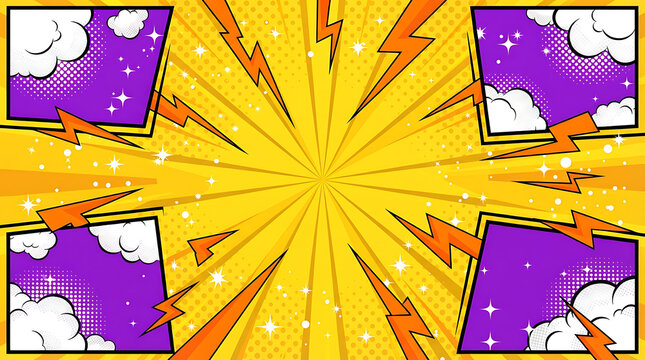 Comic book style page layout with lightning bolts and clouds