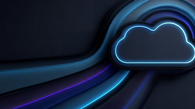 Abstract 3D layered neon cloud shape with wavy glowing lines on dark background for modern cloud computing technology overlay