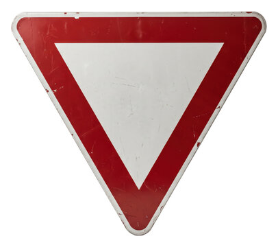 Inverted triangular yield road sign on transparent background