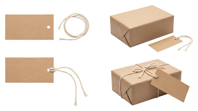 Kraft gift tags, twine, and wrapped packages on transparent background