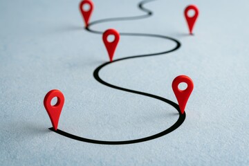 Fototapeta na wymiar Markers along a winding path on a grey surface represent navigation and journey decisions