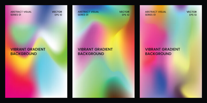 Set of three abstract vertical posters with vibrant holographic gradient backgrounds and modern minimalist typography design elements