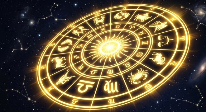 Golden Astrological Zodiac Wheel in Starry Outer Space