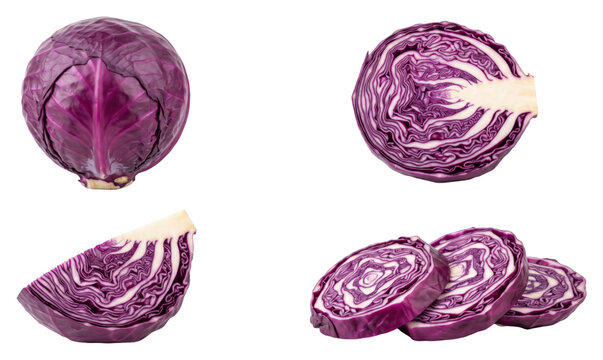 Purple cabbage whole and cut views on transparent background