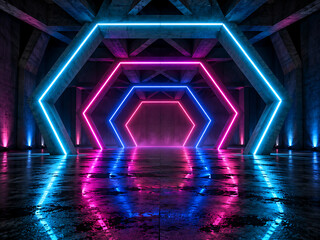 Fototapeta premium Neon geometric tunnel with hexagonal frames and reflective concrete floor in futuristic style