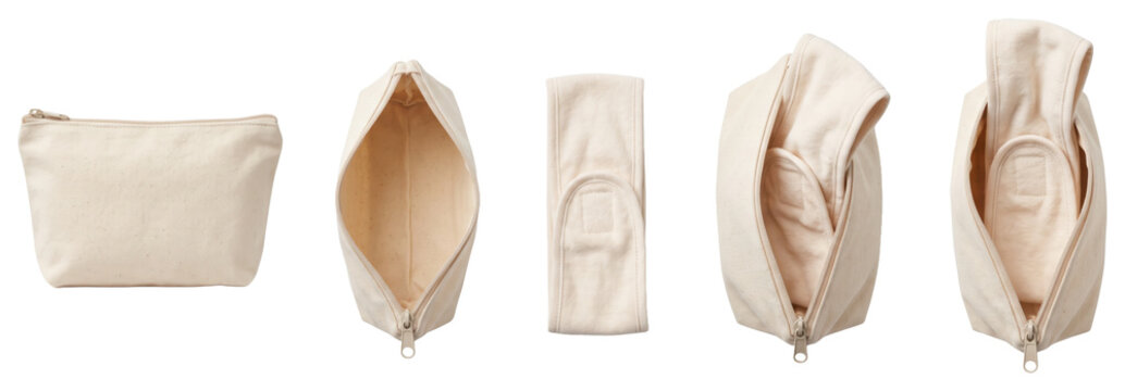 Cream zippered pouch views and details on transparent background